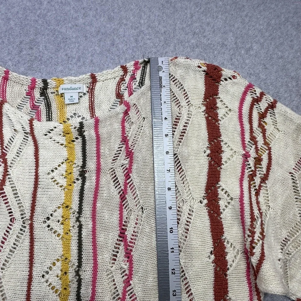 Sundance Sweater Womens Medium Cream Colorful Stripe Open Knit Short Sleeve Top